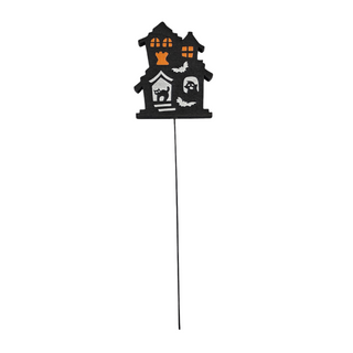 Halloween-themed decorative stick with haunted house design on a white background