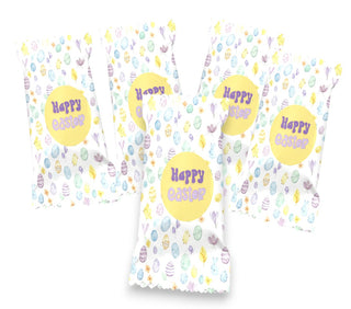 Three packages of candy with 'Happy Easter' text and colorful egg designs on a white background.