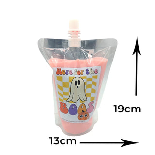 Pink halloween iv drip bag in a clear stand-up pouch with a label, dimensions indicated on a white background.