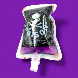 Plastic pouch labeled with a skull and crossbones design on a purple background