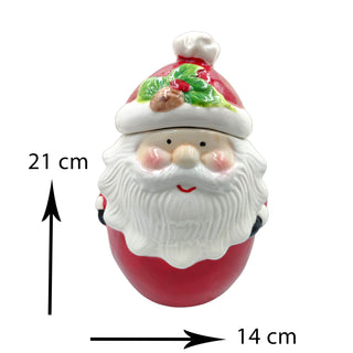 Ceramic Santa Claus jar with measurements on a white background