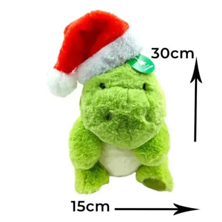 stuffed green dinosaur with red and white christmas santa hat
