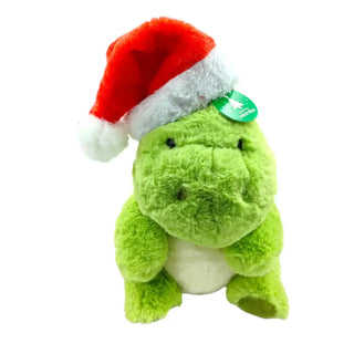 stuffed green dinosaur with red and white christmas santa hat