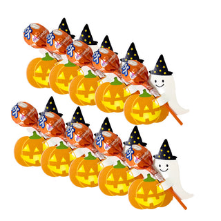 Halloween-themed lollipops with pumpkin and ghost designs on a white background