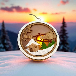 Wooden ornament with Santa Claus in a sleigh, reindeer, and house design against a snowy landscape background.