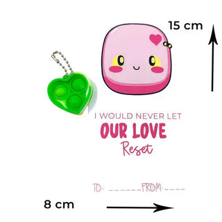 Kawaii style card in pink for valentines day with a green toy
