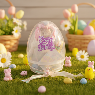 Clear plastic egg with 'Easter Basket' text, stuffed toy inside, on grass with Easter decorations.
