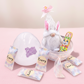 Easter-themed items including a gnome, eggs, and small packages on a pink background