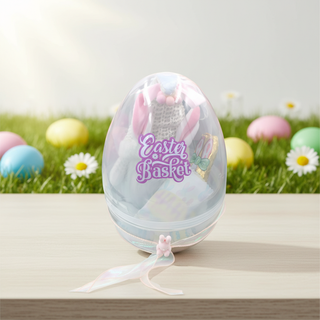 Clear plastic egg with 'Easter Basket' text, bunny design, and small toy inside on a grassy background.