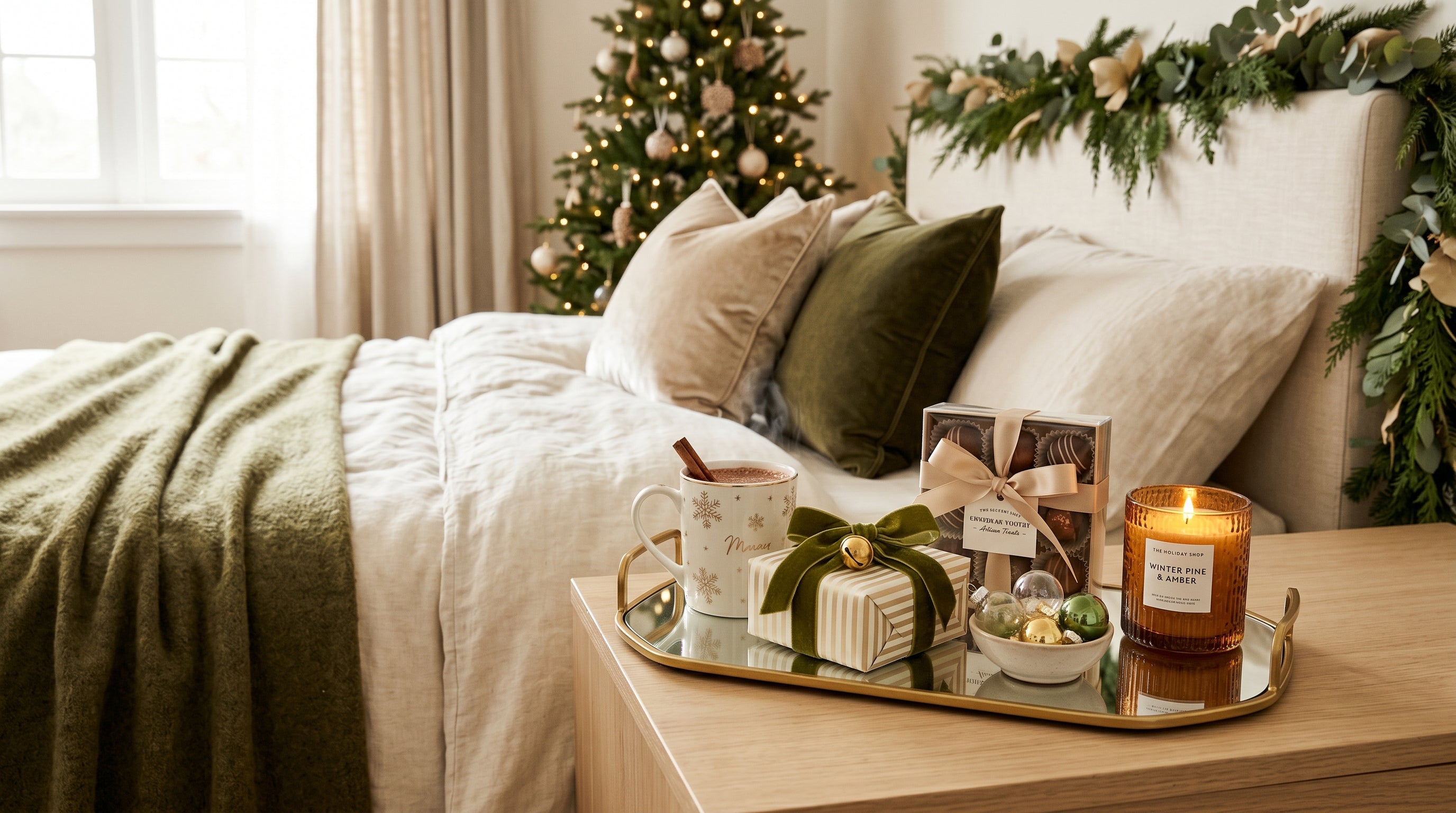 Festive bedside in-room gifting styling, South Africa