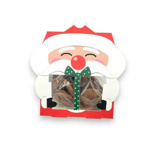 Santa Claus-shaped gift box with a green bow and treats inside on a white background