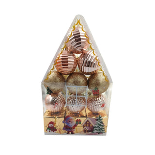 Set of Christmas ornaments in a decorative box with festive illustrations.