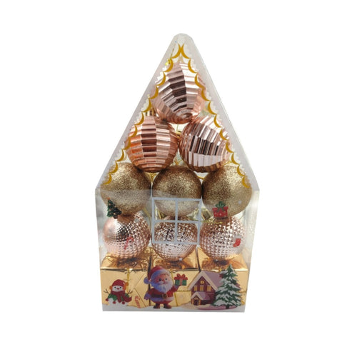 Set of Christmas ornaments in a decorative box with festive illustrations.