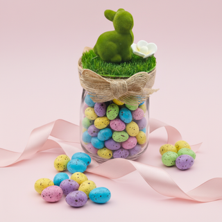 Decorative jar with pastel Easter eggs, grass, and a bunny on a pink background