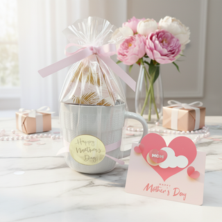 Gift set with mug, flowers, and card on a white surface