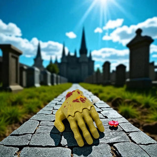 Yellow hand windup toy on a stone path with a castle in the background