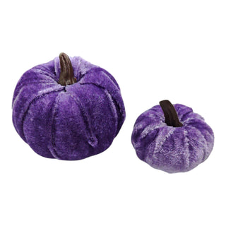 Two purple velvet pumpkins on a white background