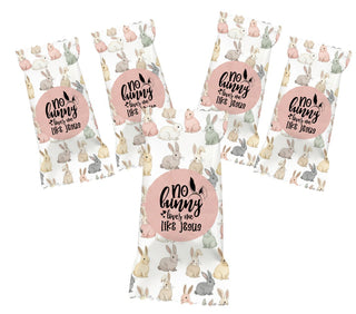 Packaging with bunny illustrations and 'No bunny lives like Jesus' text on a white background