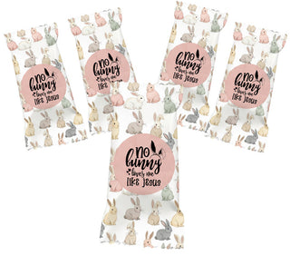 Set of four bags with bunny designs and 'No bunny loves me like text on a white background.