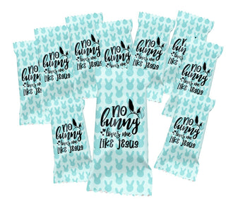 Set of blue easter eggs with 'no bunny loves me like Jesus' text on a white background