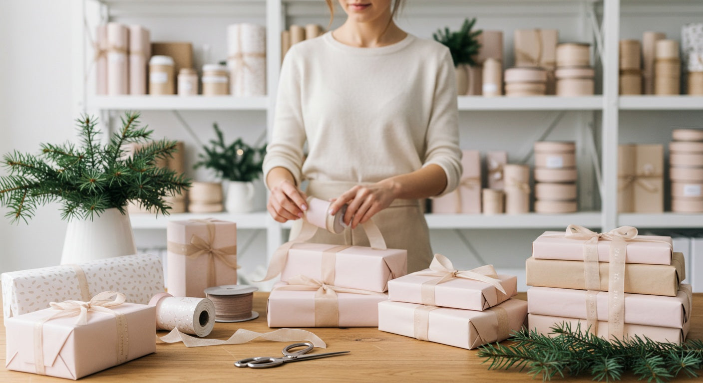 Pastel Christmas gift wrapping display with eco-friendly paper, velvet ribbon and festive décor styling from The Holiday Shop South Africa