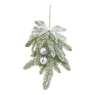 Decorative hanging ornament with greenery, white ribbons, and silver bells on a white background