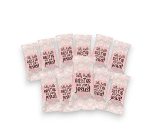 Pink Easter candy bags with text on a white background