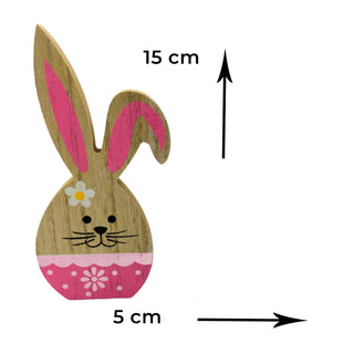 Wooden bunny decoration with measurements on a white background