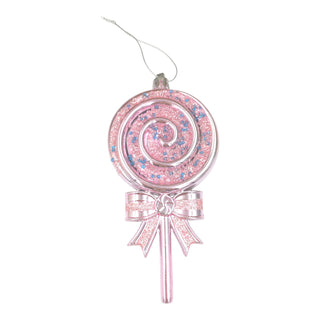 Pink lollipop-shaped ornament with a bow on a white background