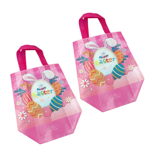 Two pink Easter bags with bunny ears and colorful eggs on a white background