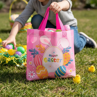Pink Easter tote bag with bunny ears and 'Happy Easter' text, held by a child outdoors.