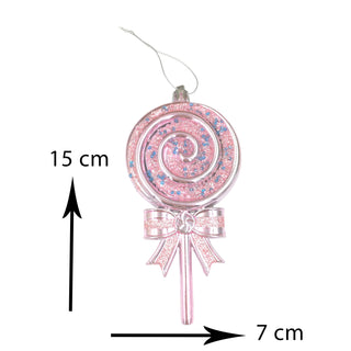 Decorative pink lollipop ornament with measurements on a white background