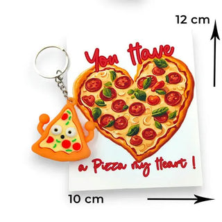 pizza shaped keychain on a heart shaped card for valentines day