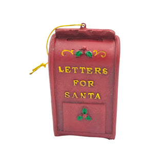 Red mailbox-shaped ornament with 'Letters for Santa' text on a white background
