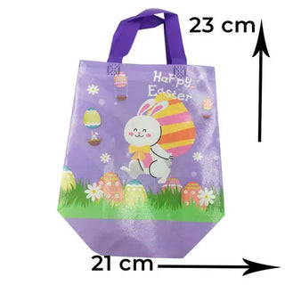 Easter-themed tote bag with a rabbit and eggs design, showing dimensions on a white background.