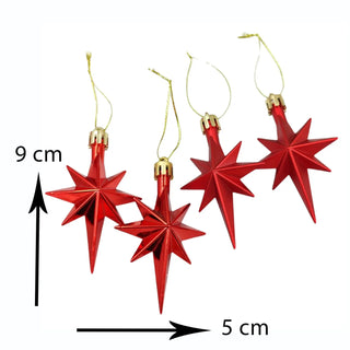 Red star-shaped Christmas ornaments with gold hooks on a white background, showing measurements.