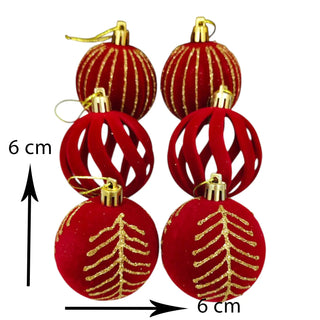 Red and gold Christmas ornaments with measurements on a white background