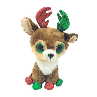 Plush reindeer toy with glittery antlers and feet on a white background