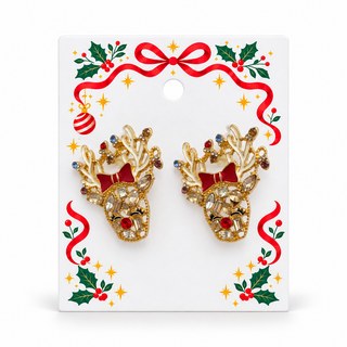 Jewelled reindeer earrings on festive display card