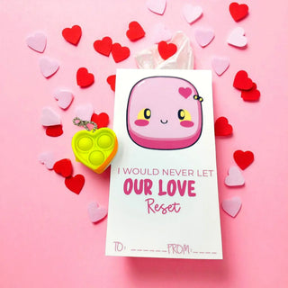 Valentine's Day card with a cute character design on a pink background with heart decorations.