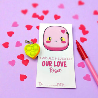 Valentine's Day card with a pink character and heart-shaped confetti on a pink background