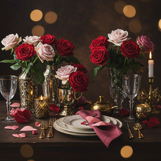 Decorative table setting with red and pink roses, candles, and fine china on a dark background.