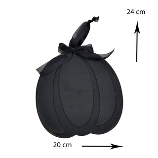 Black decorative item with a bow, shown with measurements on a white background