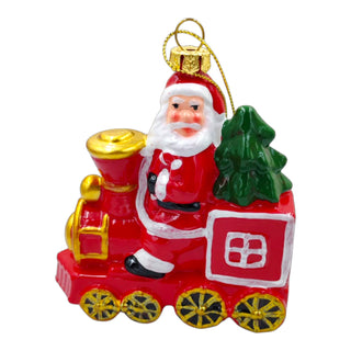 Christmas ornament featuring Santa Claus on a train with a green tree, on a white background. Classic Aesthetic for Christmas