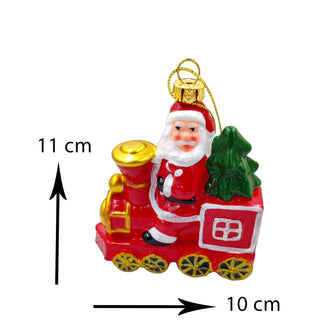 Christmas ornament featuring Santa Claus on a train with a green tree, on a white background. Classic Aesthetic for Christmas