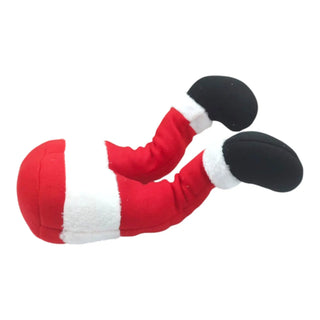 Red and black plush toy resembling a character's legs on a white background