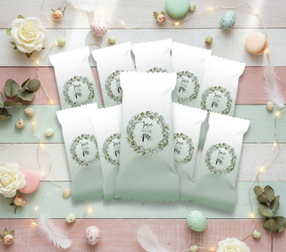 Easter with decorative labels on a wooden surface with Easter decorations.