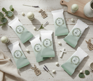 White and green Easter packages with decorative elements on a wooden surface