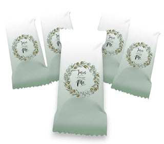 Five egg packet packages with text and wreath design on a white background