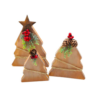 Set of decorative wooden Christmas trees with pinecones and berries on a white background